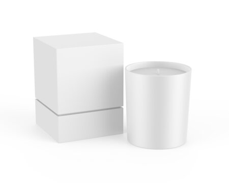 Blank Scented Candle With Paper Box Packaging For Branding And Mock Up, Votive Candle With Hard Box Mockup On Isolated White Background, 3d Render Illustration.