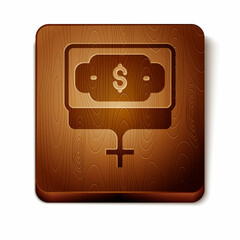 Brown Money growth woman icon isolated on white background. Income concept. Business growth. Investing, savings and managing money concept. Wooden square button. Vector