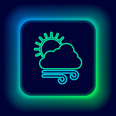Glowing neon line Windy weather icon isolated on black background. Cloud with sun and wind. Colorful outline concept. Vector
