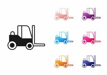Black Forklift truck icon isolated on white background. Fork loader and cardboard box. Cargo delivery, shipping, transportation. Set icons colorful. Vector
