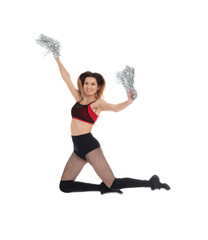 Beautiful cheerleader with pom poms jumping on white background