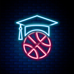 Glowing neon line Basketball medal with ribbon icon isolated on brick wall background. Colorful outline concept. Vector