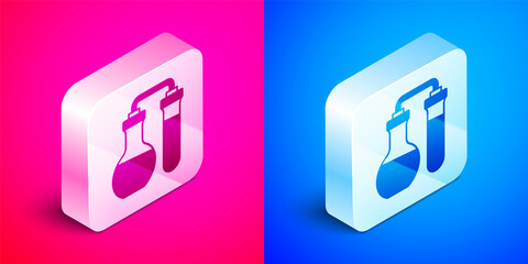 Isometric Test tube and flask chemical laboratory test icon isolated on pink and blue background. Laboratory glassware sign. Silver square button. Vector