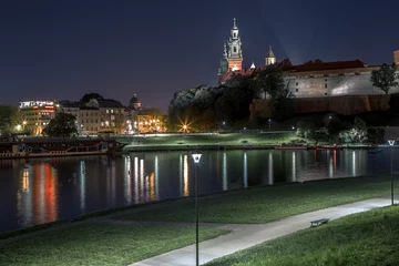 Deurstickers Wawelkasteel en vistula, Wisla, het panorama van de riviernacht, Polen, Krakow © Francesco	Valenti