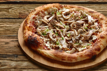 Delicious homemade pizza with mozzarella, mushrooms, beef and chicken. Dark background, selective focus.