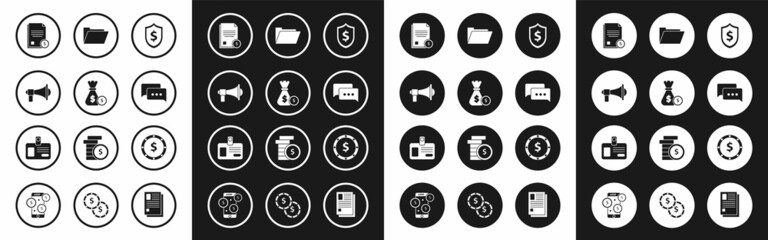 Set Shield with dollar symbol, Money bag and coin, Megaphone, Finance document, Speech bubble chat, Document folder, Coin money and Identification badge icon. Vector