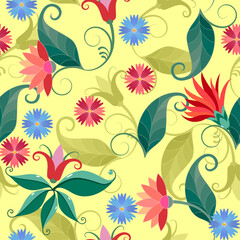 Vector illustration of a floral pattern. Flowers and grass on a yellow background.