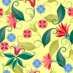 Foto op Plexiglas anti-reflex Vector illustration of a floral pattern. Flowers and grass on a yellow background. © Светлана Губенко