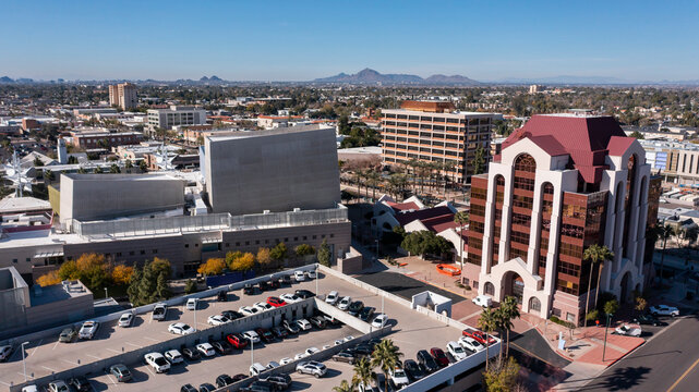 Daytime aerial skyline view of downtown Mesa, Arizona, USA.