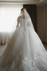 Fototapeta na wymiar Bride dressing wedding gown. morning bride