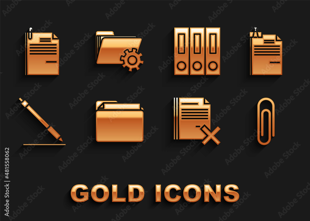 Sticker Set Document folder, File document and binder clip, Paper, Delete file, Pen line, Office folders with papers documents, and Folder settings gears icon. Vector