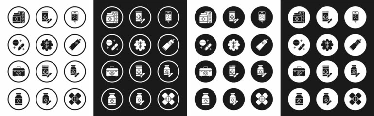 Set IV bag, Emergency star medical symbol Caduceus snake with stick, Medicine pill or tablet, bottle and pills, Ointment cream tube medicine, and First aid kit icon. Vector