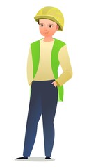 Little boy in overalls. Teen Handyman, locksmith or repairman. Cheerful person. Standing pose. Cartoon comic style flat design. Single character. Illustration isolated on white background. Vector