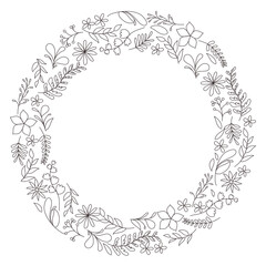 Floral Wreath branch. Floral round black and white frame of twigs, leaves and flowers. for the Valentine's day, wedding decor, wedding invitation, branding, boutique logo label. round frame of flowers