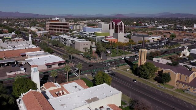 Daytime aerial skyline view of downtown Mesa, Arizona, USA.