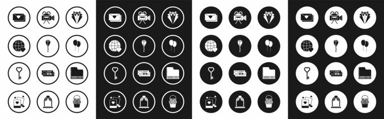Fototapeta premium Set Suit, Flower rose, The heart world love, Envelope with Valentine, Balloons ribbon, Cinema camera, Grand piano and Key shape icon. Vector