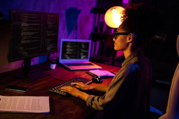 Profile side photo of smart front end lady freelancer writing outsource server optimization in...