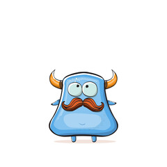 Vector cartoon funny blue monster with horn isolated on white background. Smiling silly blue monster print sticker design template. Ghost, troll, gremlin, goblin, devil and monster