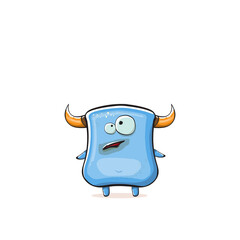 Vector cartoon funny blue monster with horn isolated on white background. Smiling silly blue monster print sticker design template. Ghost, troll, gremlin, goblin, devil and monster