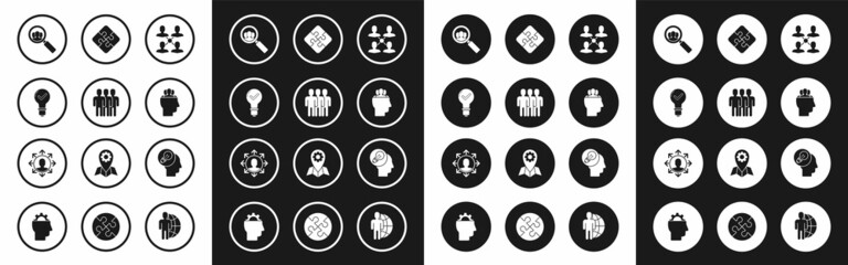 Set Project team base, Users group, Light bulb and check mark, Magnifying glass for search people, Piece of puzzle, Human head with lamp and icon. Vector