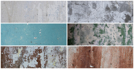 Wall texture set. Rough surfaces of the plastered and colored concrete walls with patterns of cracks and old faded peeling paint. Collection of panoramic backgrounds for design.
