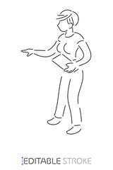 Short hair woman holding a tablet, standing sideways, pointing finger. Vector line customizable isolated outline. Editable stroke.