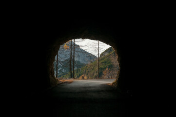 Looking out of the mountain road tunnel