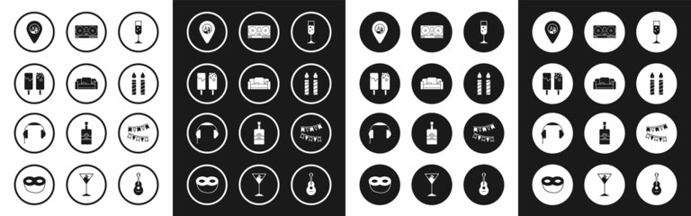Set Glass of champagne, Sofa, Ice cream, Alcohol or beer bar location, Birthday cake candles, DJ remote for playing mixing music, Carnival garland with flags and Headphones icon. Vector