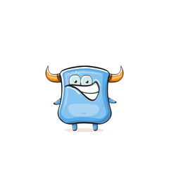 Vector cartoon funny blue monster with horn isolated on white background. Smiling silly blue monster print sticker design template. Ghost, troll, gremlin, goblin, devil and monster