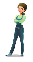 Fototapeta premium Little girl villager farmer in overalls. Teen is an agricultural worker. Cheerful person Standing pose. Cartoon comic style design. Single character. Illustration isolated on white background. Vector