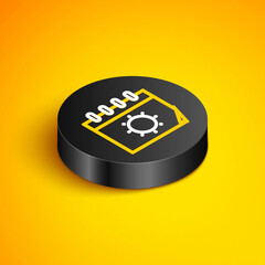Isometric line Calendar and sun icon isolated on yellow background. Event reminder symbol. Black circle button. Vector