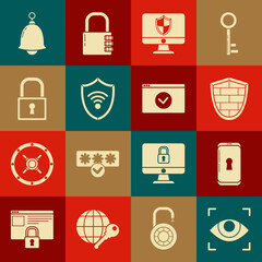 Set Eye scan, Smartphone with lock, Shield cyber security brick wall, Computer monitor and shield, WiFi wireless internet network, Lock, Ringing bell and Secure your site HTTPS, SSL icon. Vector