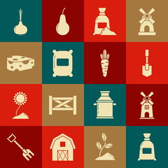 Set Bag of flour, Windmill, Shovel, Cheese, Onion and Carrot icon. Vector