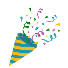 Vector illustration of a striped blue-yellow  party popper with colorful confetti isolated on a white background.