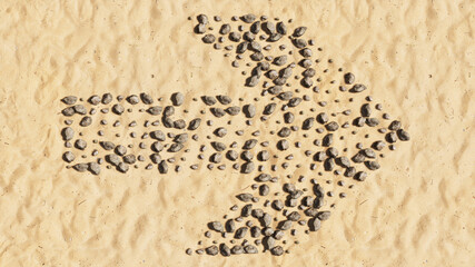 Concept conceptual stones on beach sand handmade symbol shape, golden sandy background, road sign. 3d illustration metaphor for navigation, strategy, journey, guidance, choice and decision