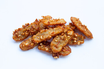 Fried bananas on white background.