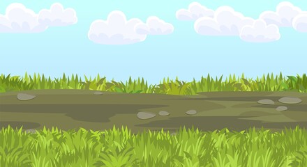 Obraz premium Seamless road. Horizontal border composition. Summer meadow landscape. Juicy grass. Rural rustic scenery. Cartoon design. Flat style art illustration vector