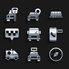 Set Car, Taxi car, Compass, call telephone service, Ambulance and emergency, Map pointer with taxi, roof and rental icon. Vector
