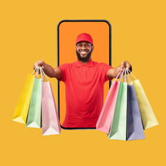 Black Courier On Phone Screen Giving Shopper Bags, Yellow Background