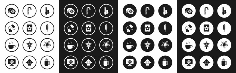 Set Meteorology thermometer measuring, Christmas on smartphone and snowflake, Pair of knitted christmas mittens, Snowflake with speech bubble, candy cane stripes, star and Coffee cup icon. Vector