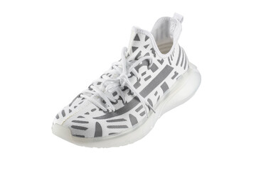 Sport shoes. White fabric trainers with gray reflective stripes.