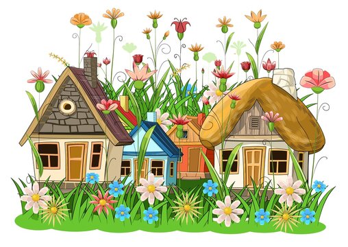 Street with old village little houses on flower meadow. Fabulous cartoon  objects. Cute childish style. Ancient dwelling. Tiny small home. Isolated  on white background. Vector Stock Vector | Adobe Stock