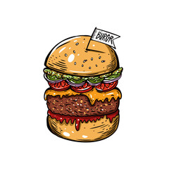 Hand drawn big burger. Colorful cartoon style vector illustration.