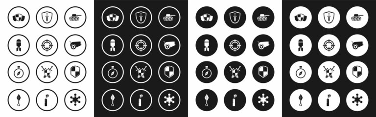 Set Military tank, Target sport, Aviation bomb, Shield, Cannon, Medieval shield with sword, and Compass icon. Vector
