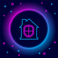 Glowing neon line House under protection icon isolated on black background. Home and shield. Protection, safety, security, protect, defense concept. Colorful outline concept. Vector