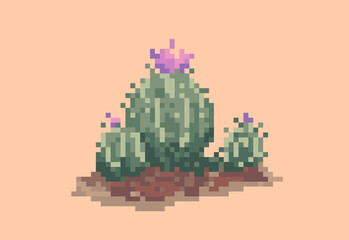 Illustration of a green blooming cactus in pixel art style