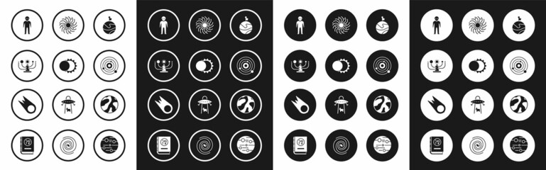 Set Moon with flag, Eclipse of the sun, Solar system, Alien, Black hole, Planet and Comet falling down fast icon. Vector
