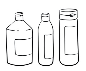A set of bottles for hygiene products. Hygiene and bathroom items. Black outline isolated on white background. Conventional designation of cans for shampoo.