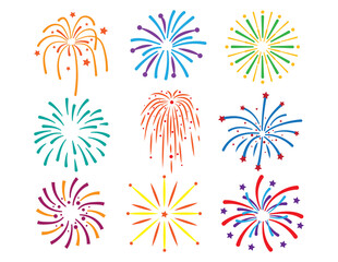 Set of festive fireworks. Collection of various festive fireworks explosions for celebration of victory, birthday, Christmas or independence day. Colorful illustration on a white background.