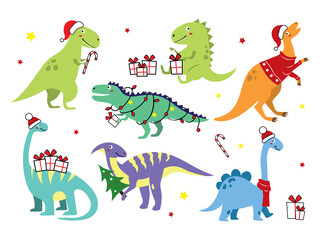 Christmas dinosaurs set. Collection of cute dinosaurs with gifts and Santa hats. Winter vacation. Colorful illustration for children.